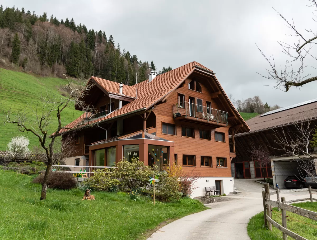 Umbau Bauernhaus in Escholzmatt. Der Umbau wurde mit Truberholzwänden realisiert. Hier ist sehr schön ersichtlich wie das Truberholz mit Sichtbeton und Altholzwand vereint wurde. Der Wintergarten mit den massiven Balken ist eine wunderschöne Ecke, die zum Wohlfühlambiente beiträgt.