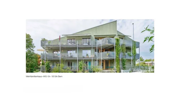 Flyer des Schweizerischen Ingenieur- und Architektenvereins (SIA), Sektion Bern, zur Besichtigung des Mehrfamilienhauses «WG 10» in Bremgarten bei Bern. Der Flyer zeigt ein Foto des Wohngebäudes und informiert über die Veranstaltung «Bauen für Heute UND Morgen» sowie über die Projektführung und die beteiligten Bauherrschaften.