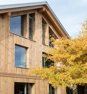 Aussenansicht eines mehrgeschossigen Wohnhauses in moderner Holzbauweise mit senkrechter Holzfassade und grossen Fenstern. Vor dem Gebäude steht ein Baum mit gelben Herbstblättern, der Teile der Fassade überragt. Der Eingangsbereich und der Garten mit Pflanzen und Pflasterflächen sind im Vordergrund sichtbar, bei hellem Tageslicht.