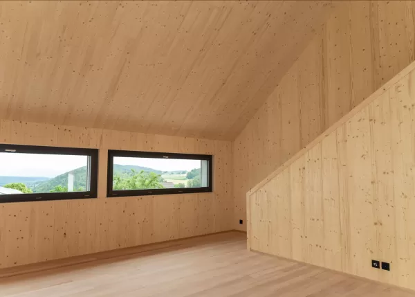 Truberholz-Haus Einfamilienhaus, vor vergraute Aussenschalung stehend, Innen Truberholz-Wände sichtbar, Dübel sichtbar, helles Haus mit grossen Fensterfronten in die Gehrung, eingekleidete Treppe, Haus mit Ziegel, inkl. Garage