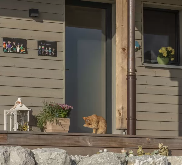 Neubau Wohnhaus mit wunderschönen Veranda im Amerikanischen-Style, Truberholz Wände sind sichtbar (mit Holzdübel sichtbar), das komplette Haus besteht aus Holz (es wurden keine Fermacel-Platten verwendet), Aussenschalung liegend - vorvergraut, ohne Kellergeschoss, dafür mit Garagenanbau direkt am Wohnhaus, das Haus ist ein Wohnhaus von einem Landwirtschaftlichen Betrieb, deshalb die integrierte Nasszone (Nassraum), der Badezimmerboden ist ein Massivholzboden aus Fichte (keine Fliessen) 